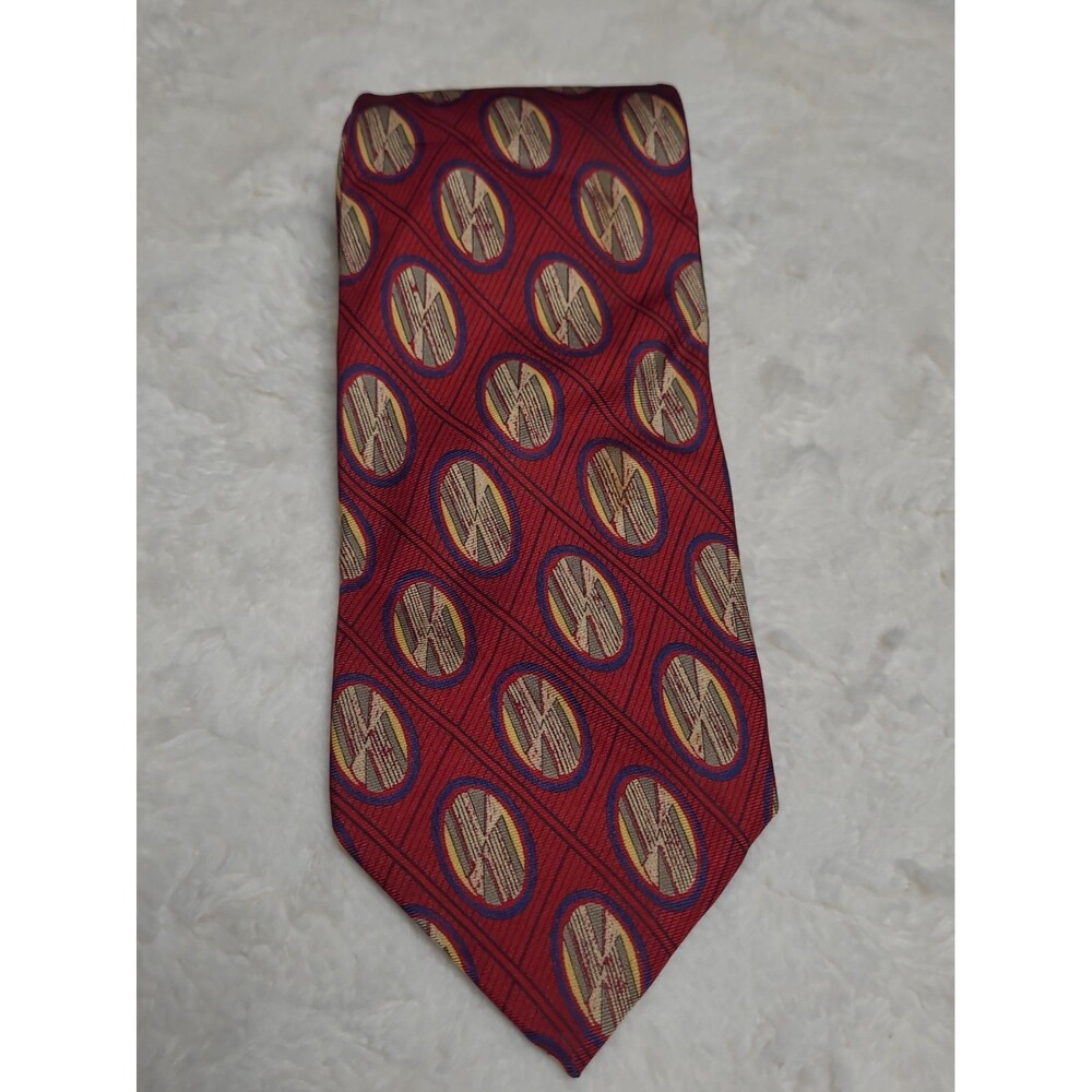 Vintage Talbott Studio Silk Tie Red Gold Blue Geometric Mens  Necktie